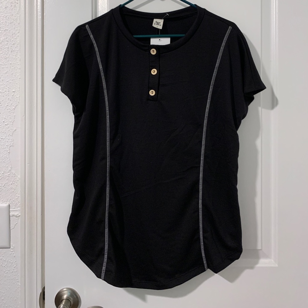 Black Short Sleeve with White Stripes and Buttons